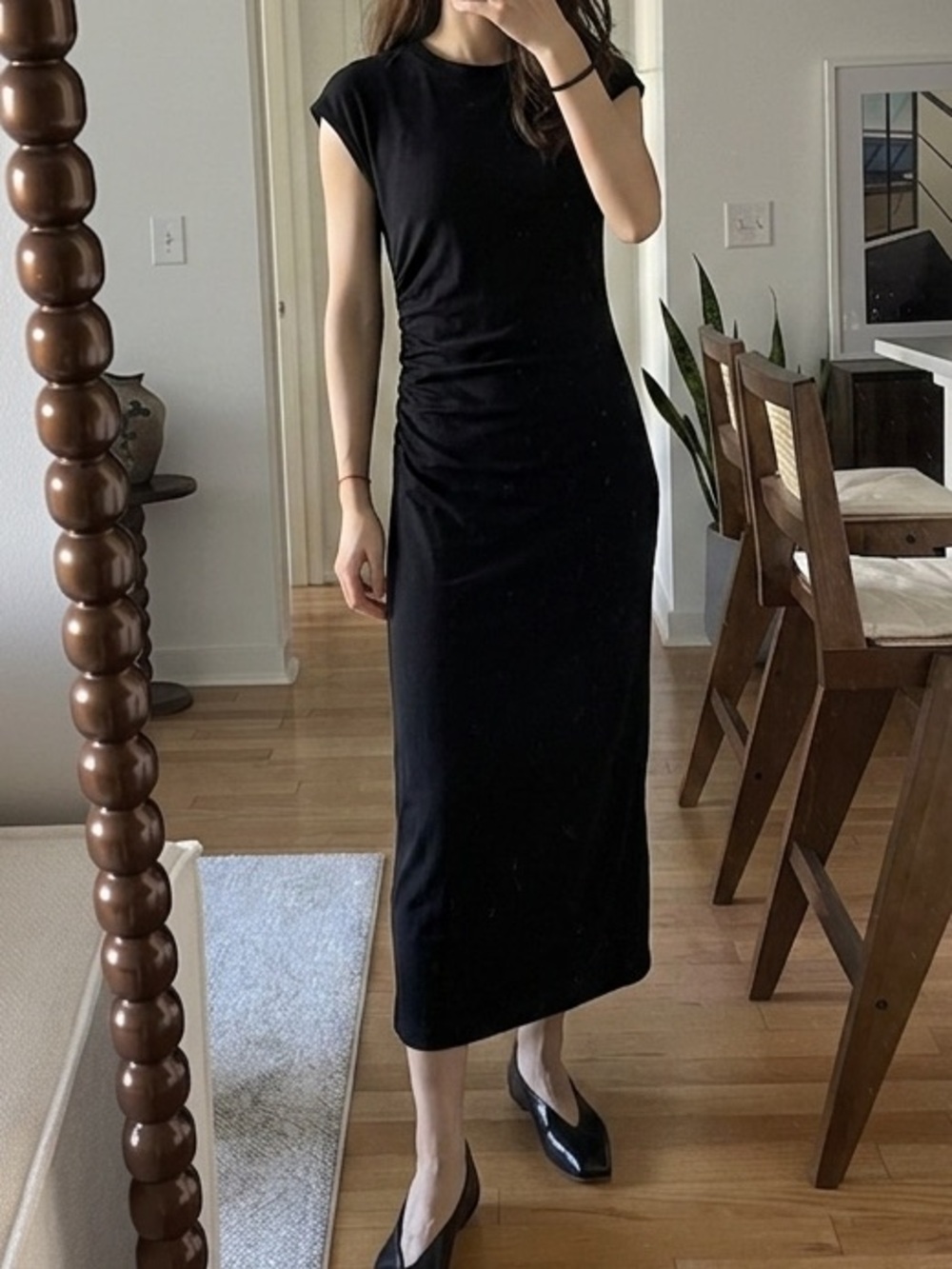 Zara Black Cap-Sleeve Ruched Midi Dress